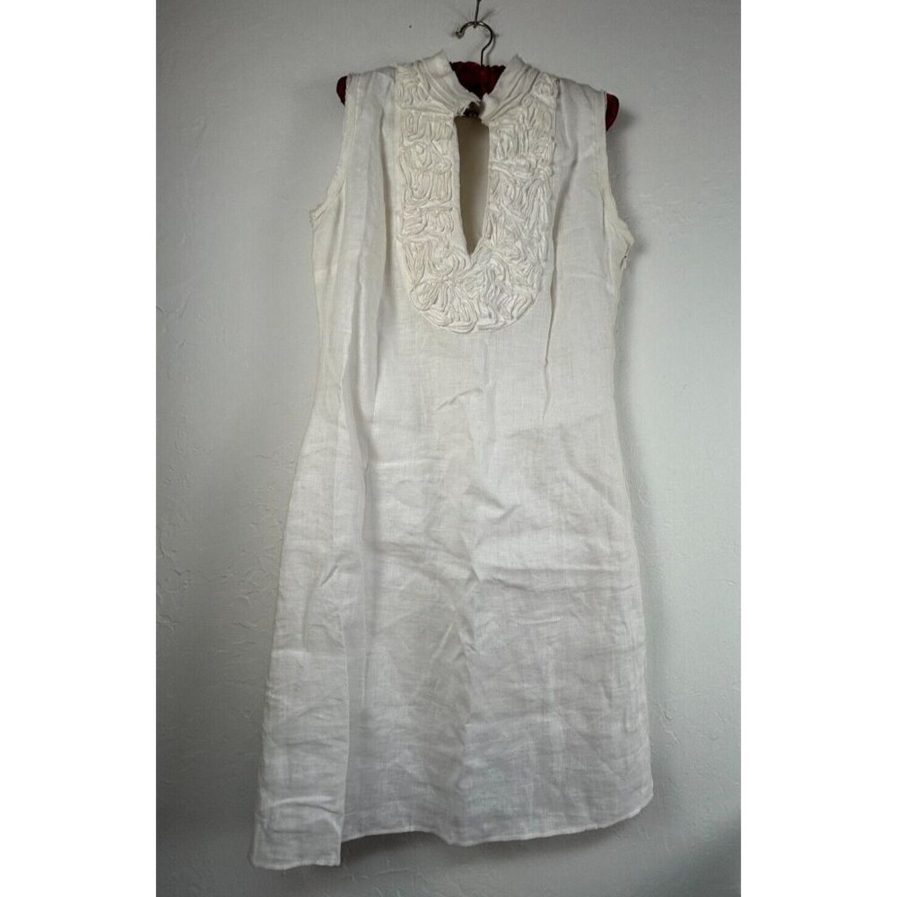 Adriana Contreras Pintuck Split Neck Shift Dress Size 8 White Sleeveless Linen